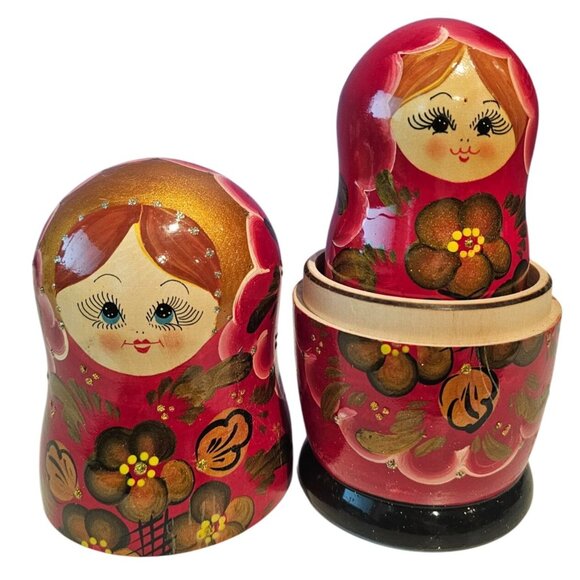 Hand-Painted Russian Matryoshka Nesting Dolls Set Of 5 Floral Design Glossy Red - Picture 14 of 16
